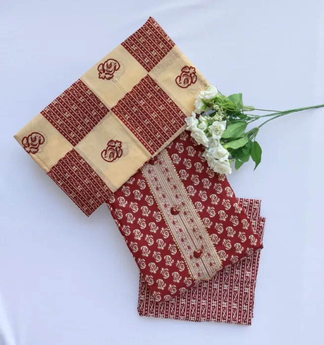 maroon & beige unstitched suit Set. Featuring intricate block prints and ethnic motifs,