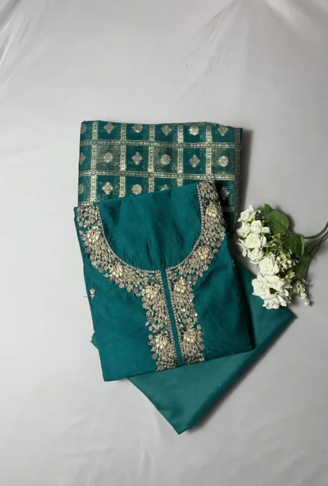 Teal Zari work Cotton Unstitched Salwar Suit