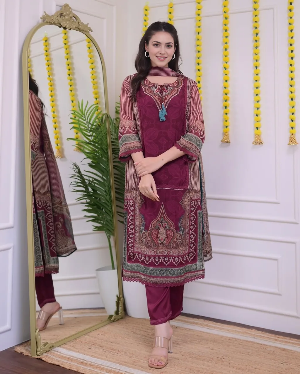 Maroon Printed Embroidered Suit Set - Image 6