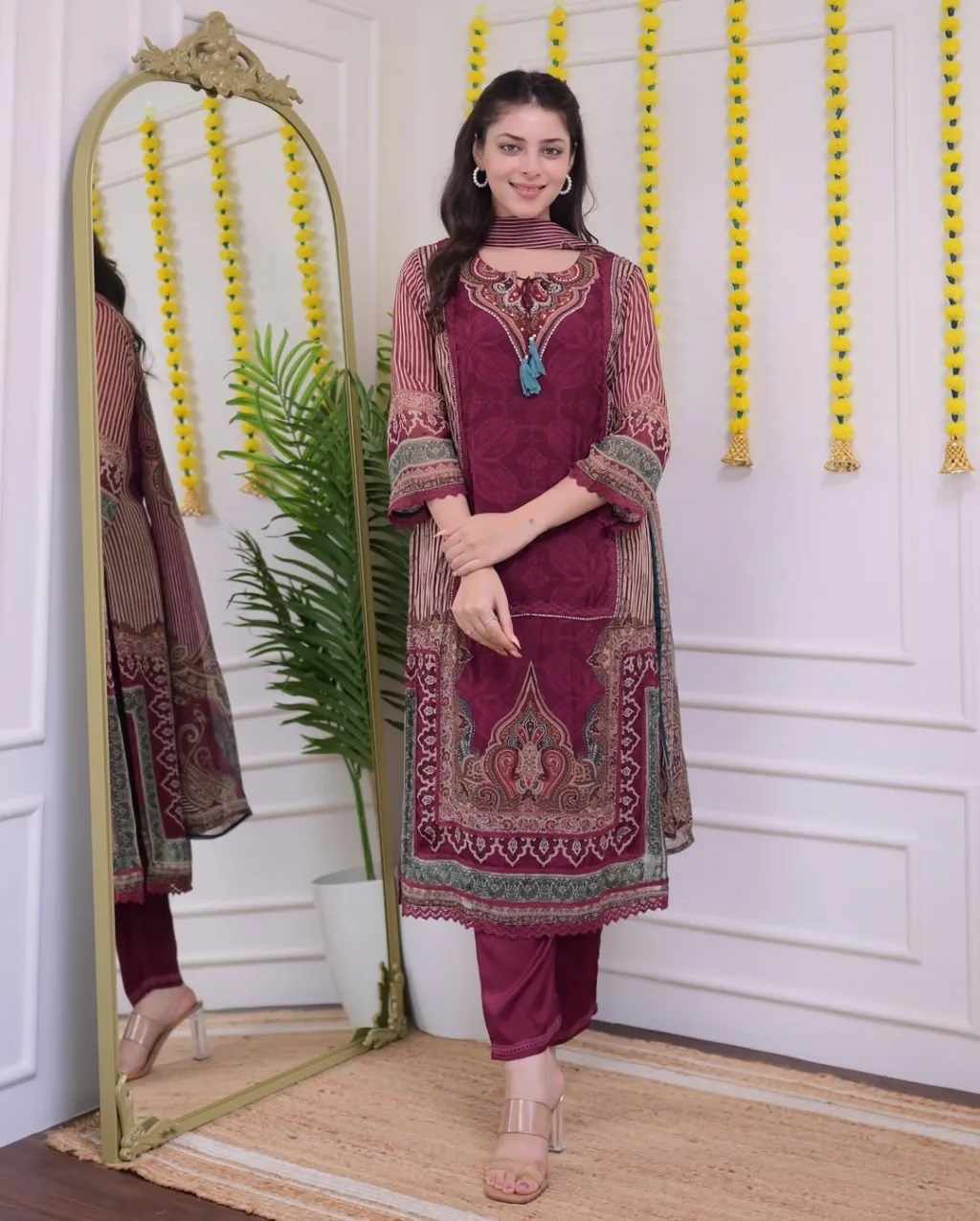 Maroon Printed Embroidered Suit Set - Image 5