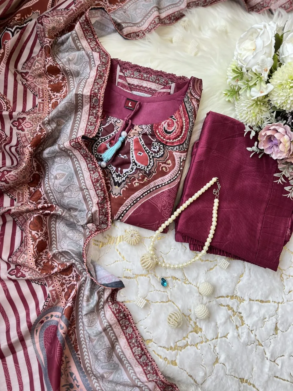 Maroon Printed Embroidered Suit Set - Chitra Fashion