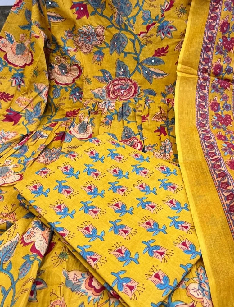 Mustard Yellow Floral Anarkali Cotton Suit Set - Chitra Fashion