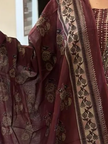 Maroon Cotton Suit Set with Dupatta - Chitra Fashion
