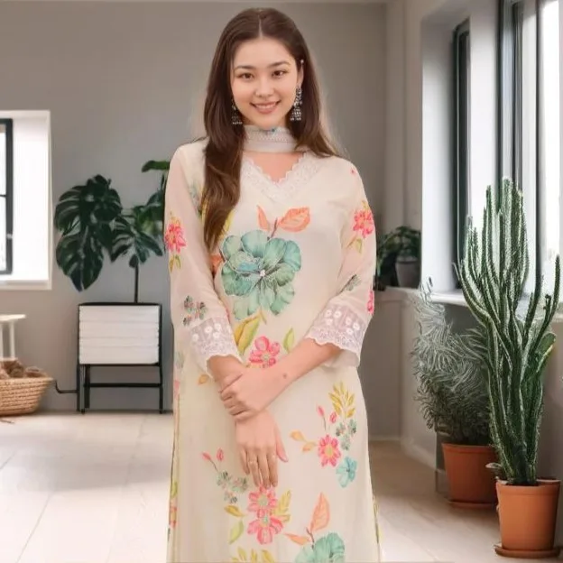 Cream Floral Embroidered Suit Set - Chitra Fashion