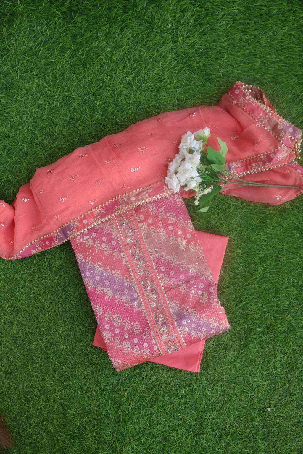 Elegant Peach Printed Cotton Suit Set with Dupatta - Image 3