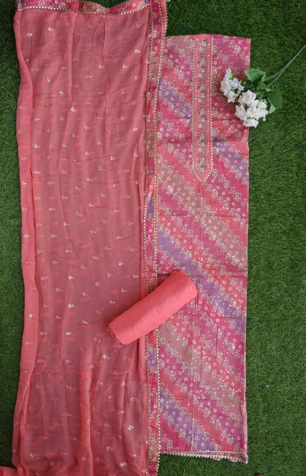 Elegant Peach Printed Cotton Suit Set with Dupatta - Image 5