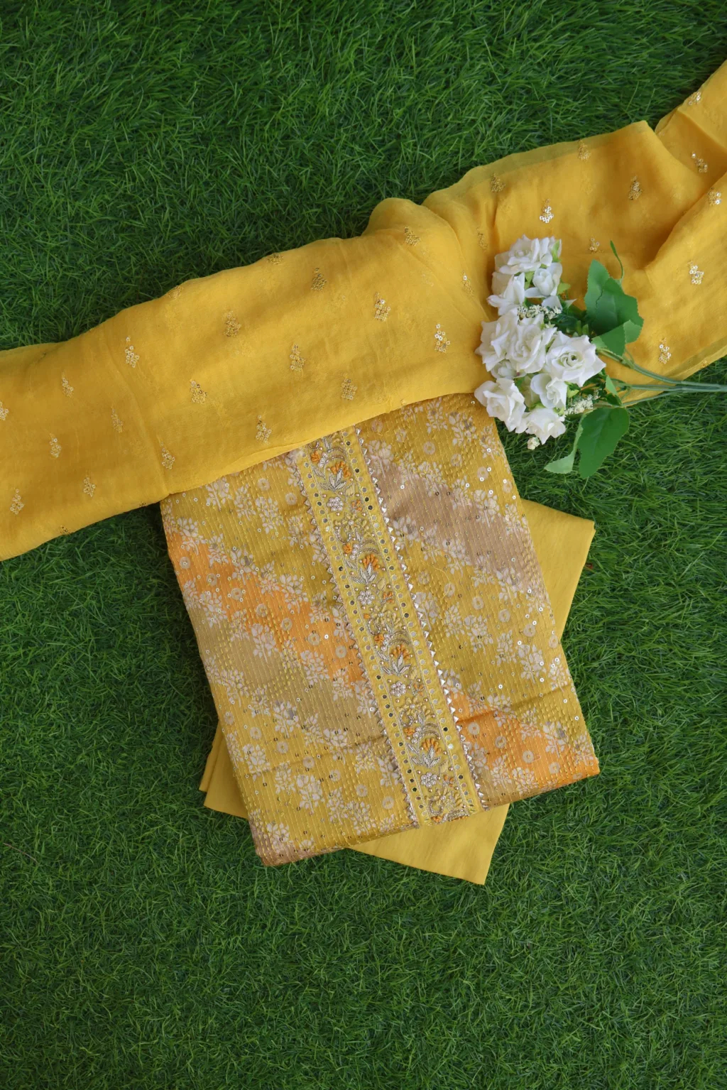 Charming Elegant Yellow Cotton Suit Set with Dupatta. Perfect for a stylish and comfortable look.