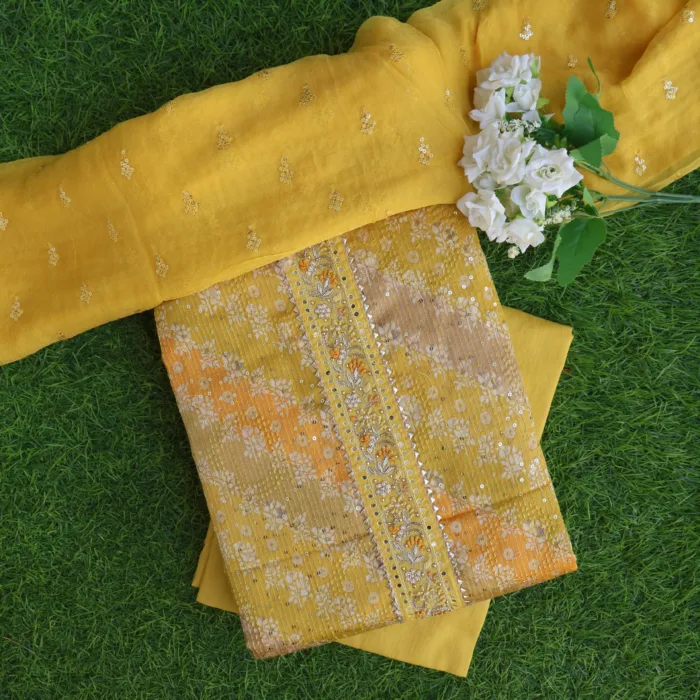 Charming Elegant Yellow Cotton Suit Set with Dupatta. Perfect for a stylish and comfortable look.