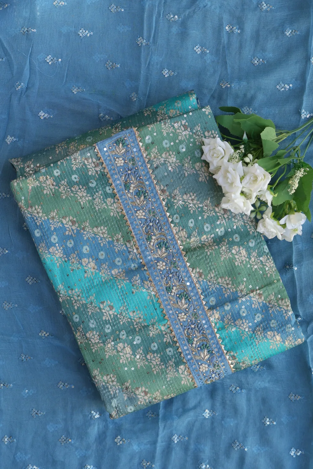 Blue-Green Unstitched Suit Set with Sequin Work - Luxurious Party Wear Dress Material - Image 2