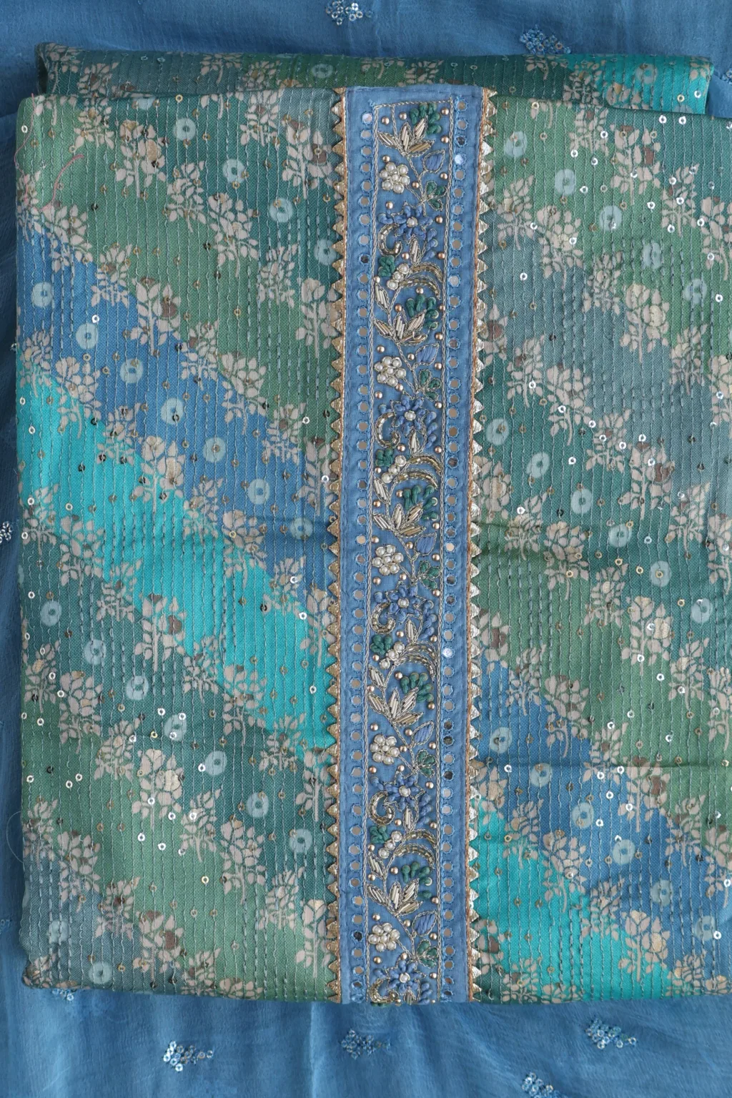 Blue-Green Unstitched Suit Set with Sequin Work - Luxurious Party Wear Dress Material - Image 3