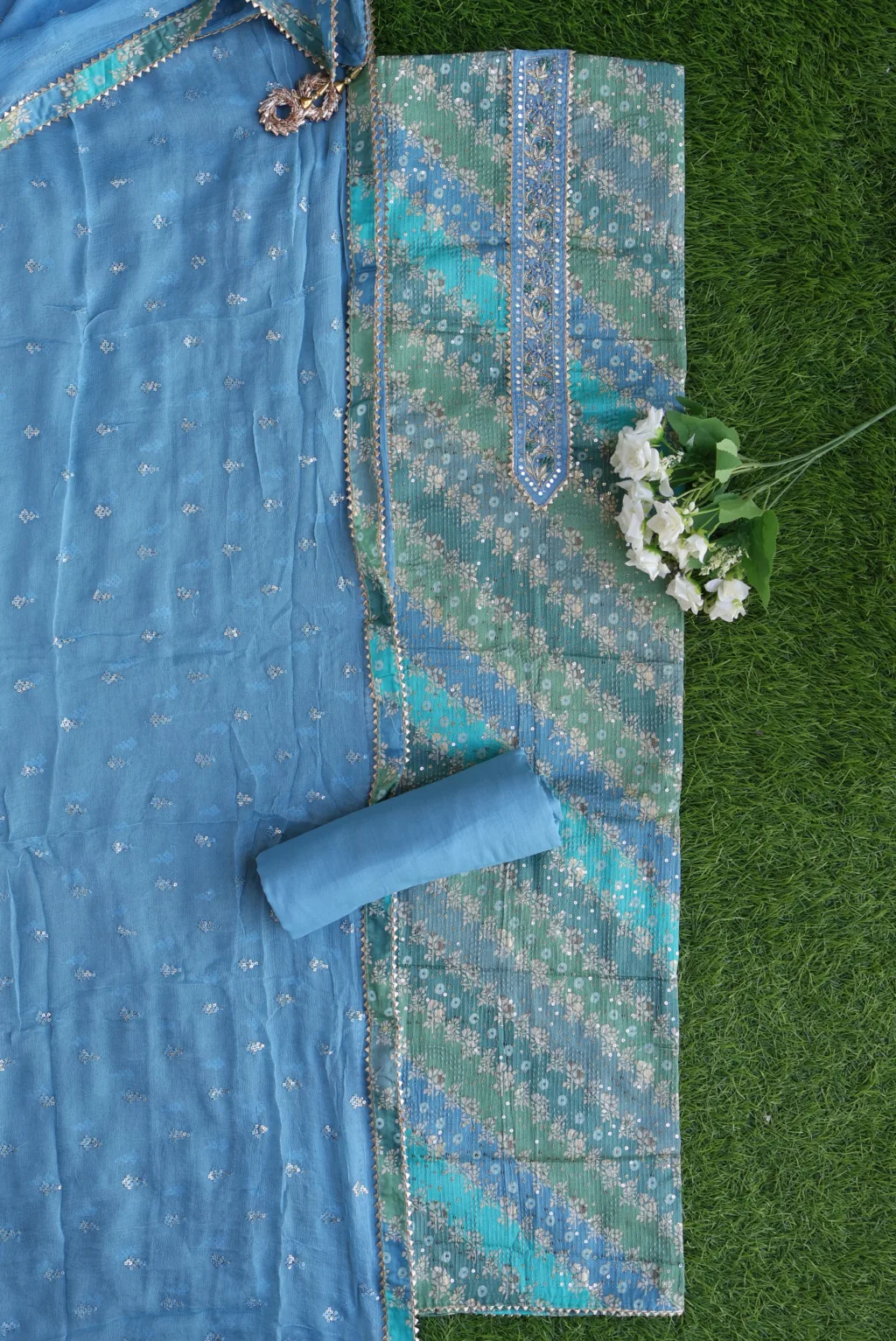 Blue-Green Unstitched Suit Set with Sequin Work - Luxurious Party Wear Dress Material - Image 4