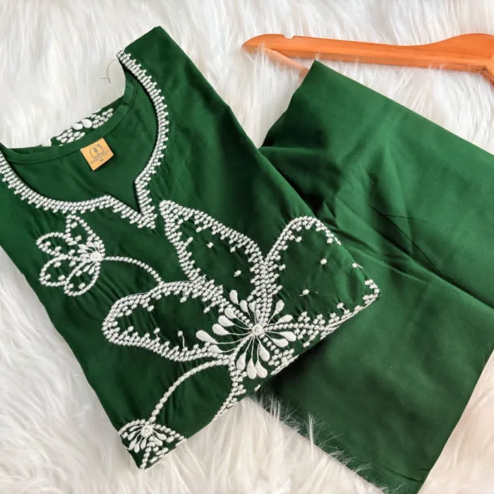 Green cotton suit with white floral thread embroidery – breathable and elegant daily wear ethnic outfit for women.