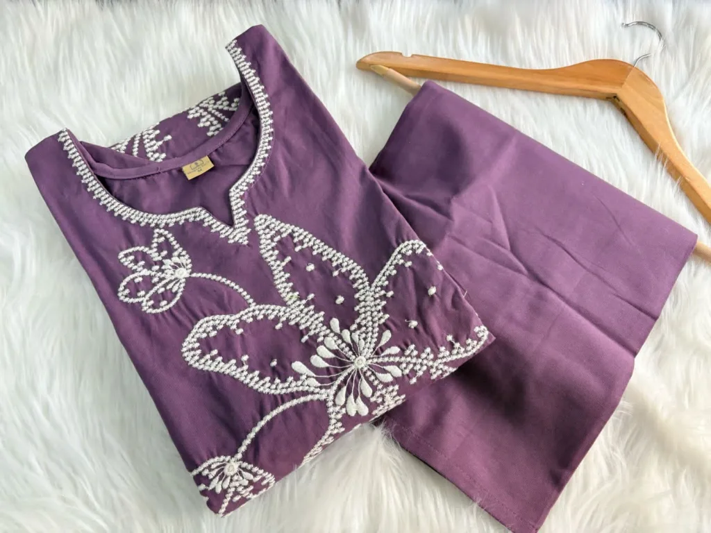 Dusty blue cotton suit with elegant white floral thread embroidery – breathable and beautiful ethnic wear for women.