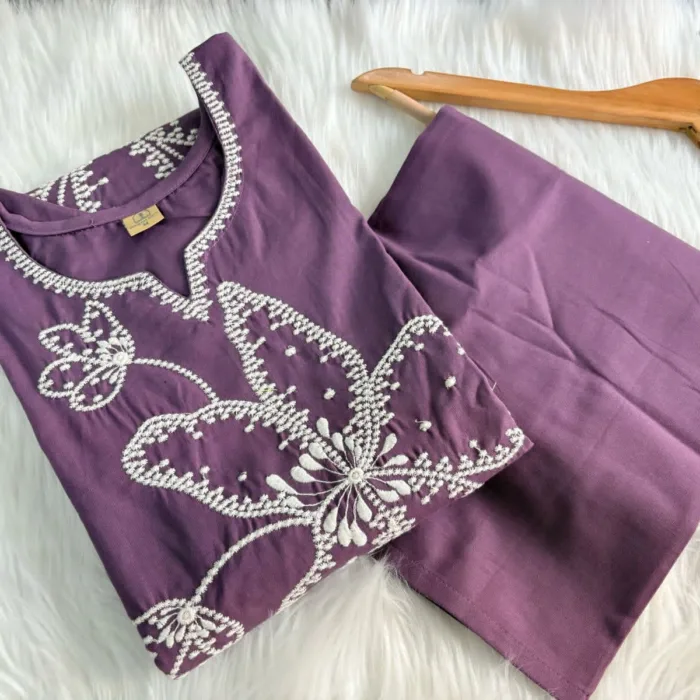 Dusty blue cotton suit with elegant white floral thread embroidery – breathable and beautiful ethnic wear for women.
