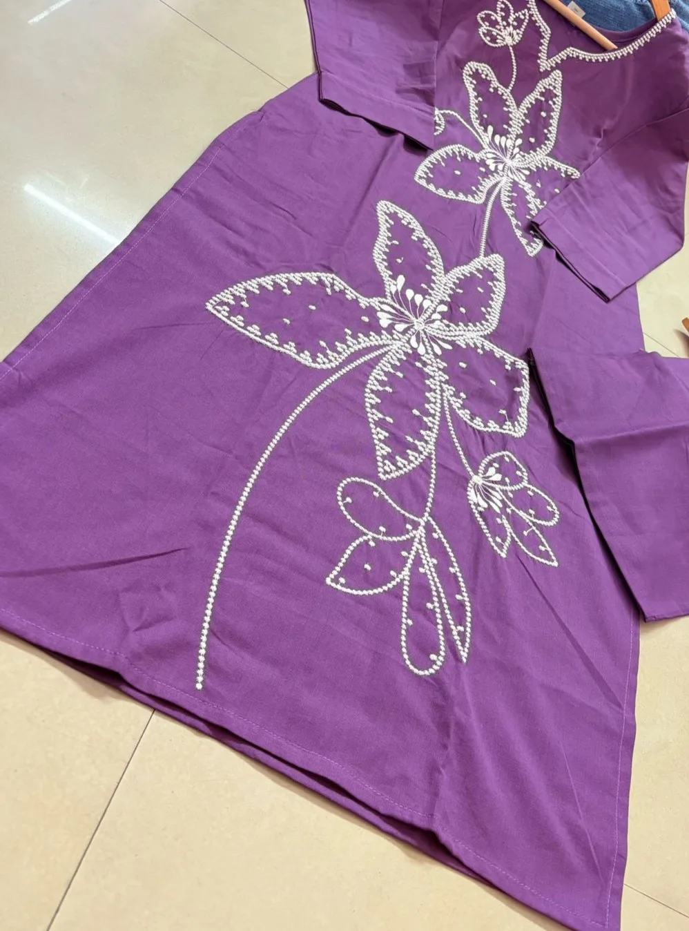 Lavender Cotton Suit Set with White Thread Embroidery - Chitra Fashion