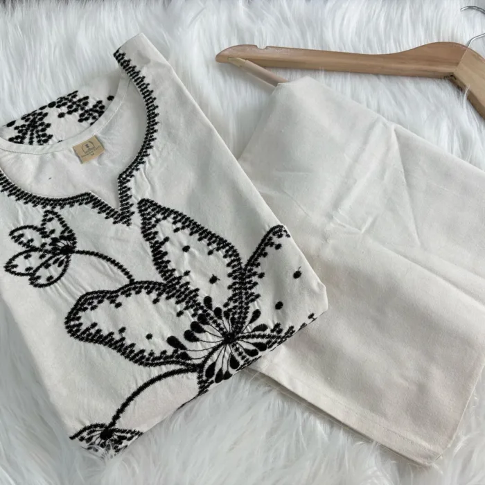 Cream cotton suit set with black floral thread embroidery – elegant daily wear ethnic outfit for women.