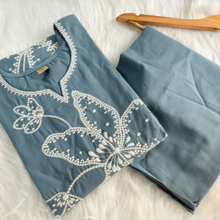 Dusty blue cotton suit with elegant white floral thread embroidery – breathable and beautiful ethnic wear for women.