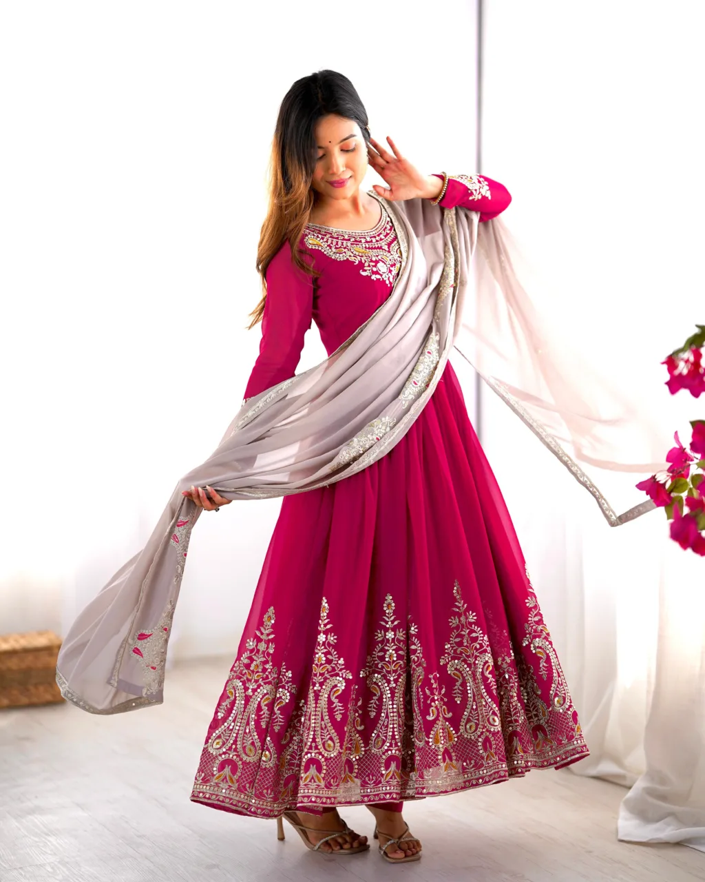 Magenta Anarkali Suit With Multicolor Thread Embroidery - Image 5