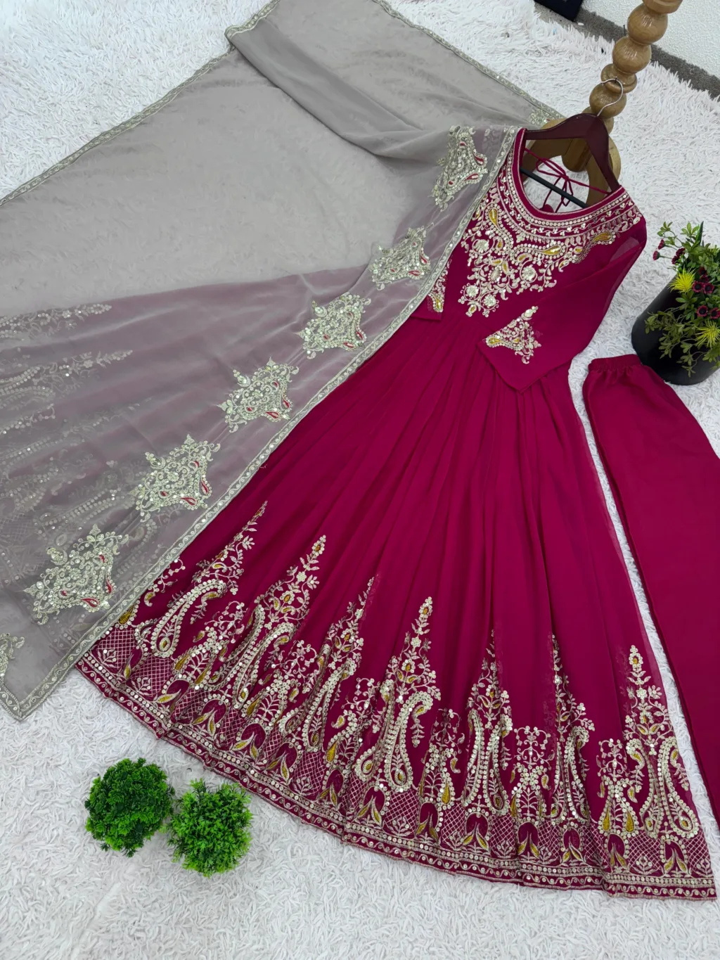 Magenta Anarkali Suit With Multicolor Thread Embroidery - Image 4