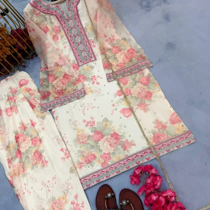Stylish Digital Print Chiffon Suit Set with sequin embroidery, Farshi Palazzo & lace dupatta – perfect for weddings, parties & festive wear!