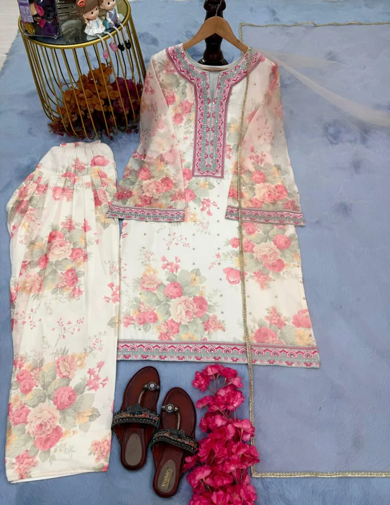 Digital Print Chiffon Suit Set  with Farshi Palazzo & Net Dupatta - Chitra Fashion