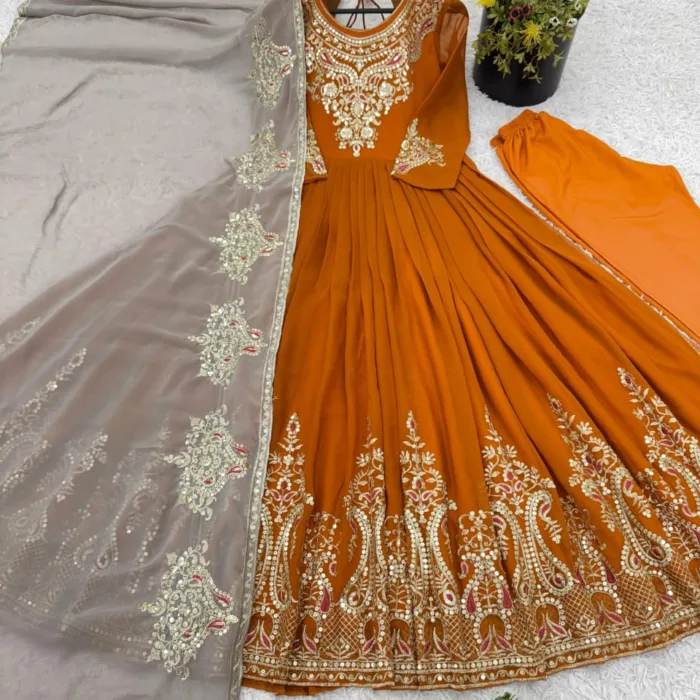 Mustard Anarkali Suit With Multicolor Thread Embroidery