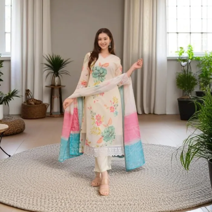Step into elegance with this cream floral salwar kameez, a designer ethnic suit for women featuring colorful floral prints and delicate embroidery. Perfect for summer and festive occasions.