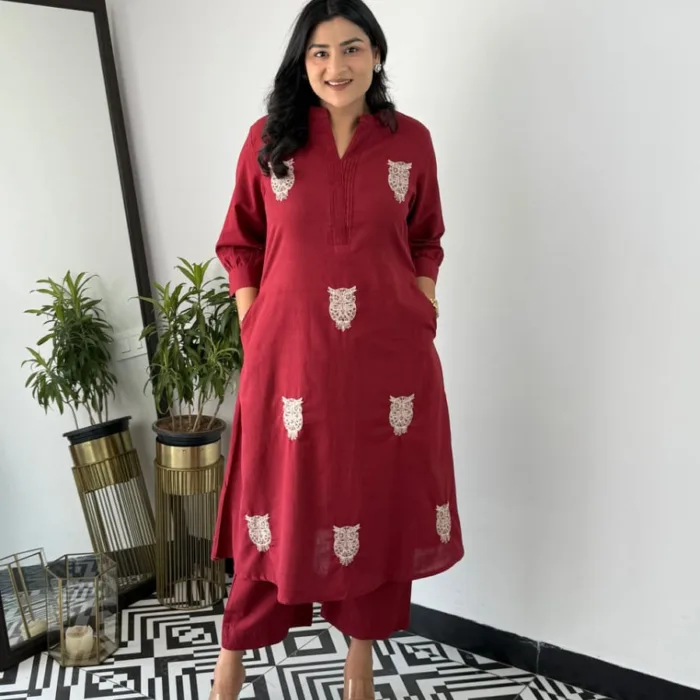 “Elevate your look with this stylish solid Maroon Red Embroidered Co-ord Set in soft cotton slub . Stylish, comfortable, and budget-friendly—perfect for outings!”