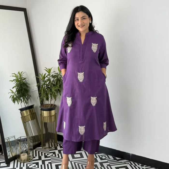 “Elevate your look with this stylish solid Purple Embroidered Co-ord in soft cotton slub . Stylish, comfortable, and budget-friendly—perfect for outings!”