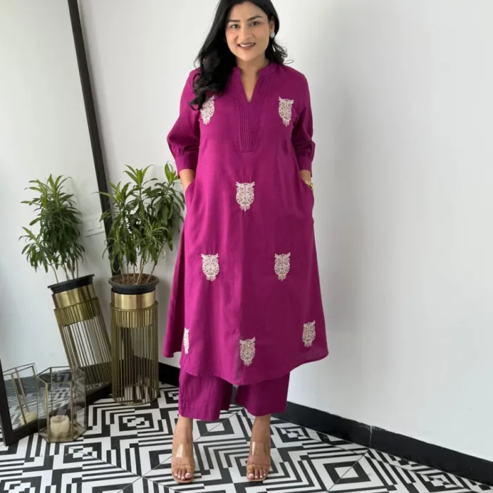 “Elevate your look with this stylish solid Magenta Embroidered Co-ord Set in soft cotton slub . Stylish, comfortable, and budget-friendly—perfect for outings!”