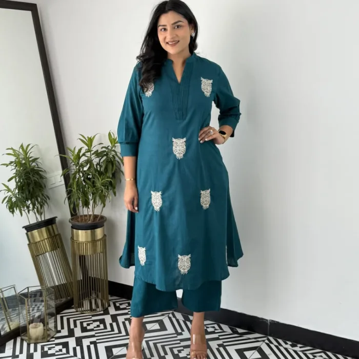 “Elevate your look with this stylish solid Teal Embroidered Co-ord Set in soft cotton slub . Stylish, comfortable, and budget-friendly—perfect for outings!”