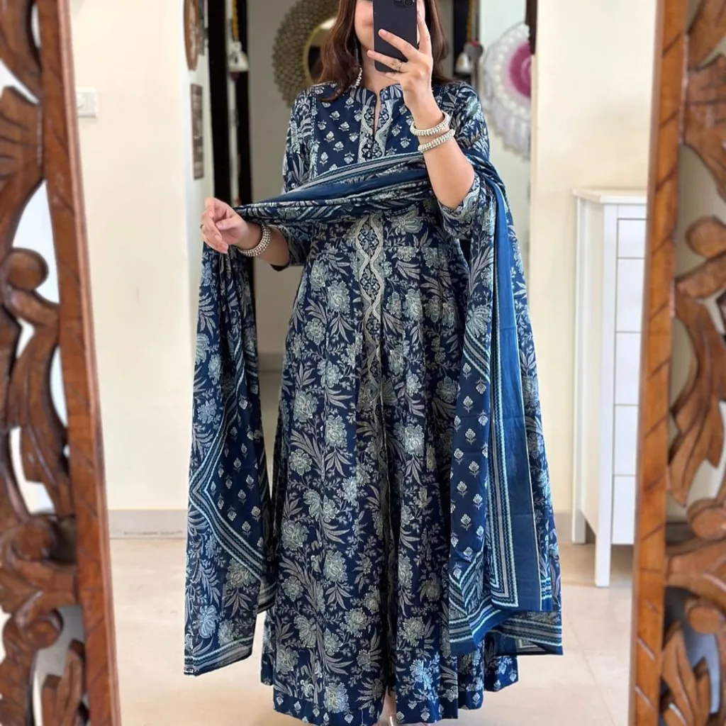 Elegant Navy Blue Handwork Floral Anarkali Suit Set with Cotton Dupatta - Image 5