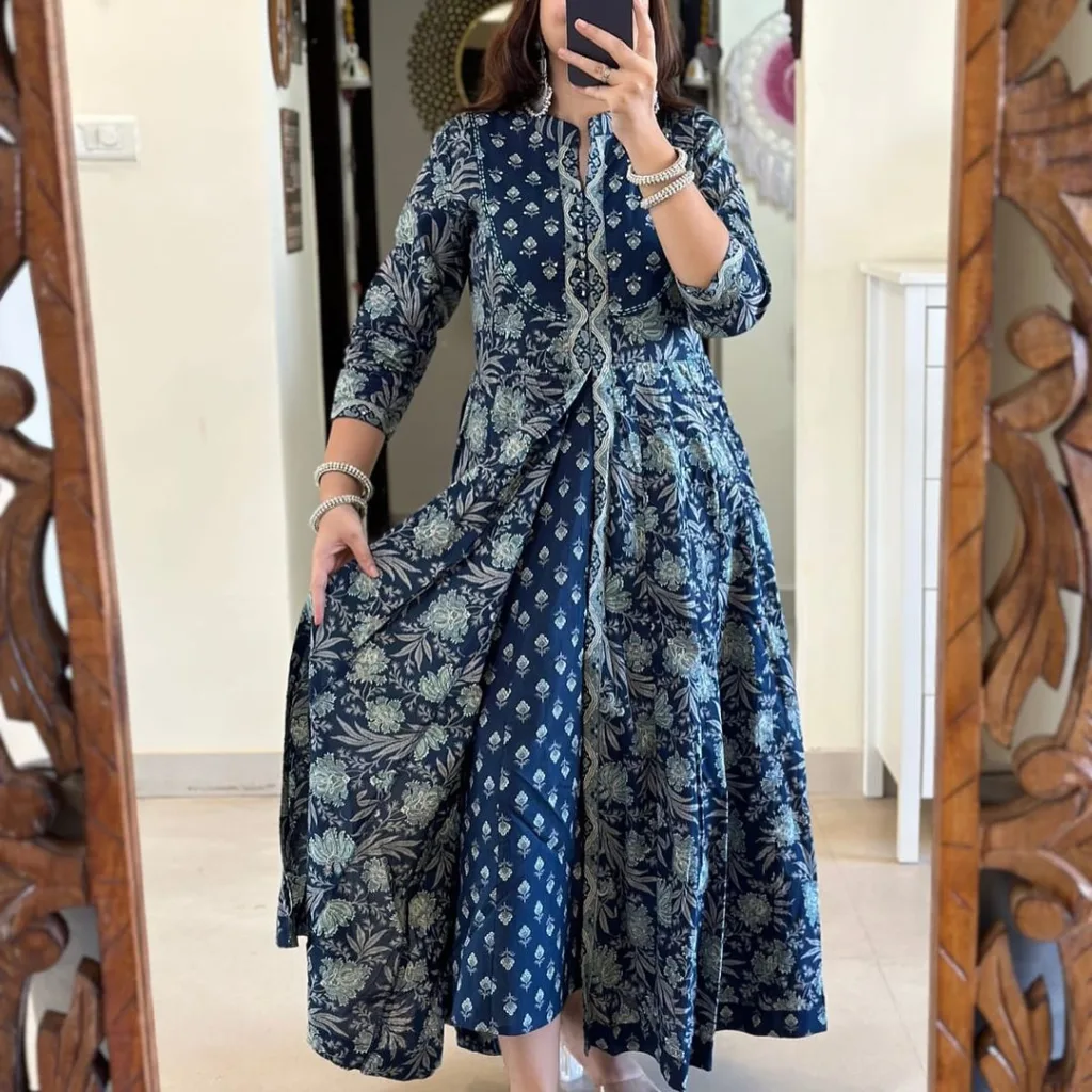 Elegant Navy Blue Handwork Floral Anarkali Suit Set with Cotton Dupatta - Image 3
