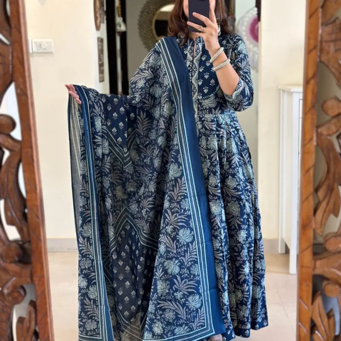 Step into timeless elegance with our exquisite Navy Blue Handwork Floral Anarkali Suit Set. This stunning ensemble features a beautifully flared Anarkali kurta adorned with intricate floral patterns , paired with a matching dupatta. Crafted from premium fabric, it offers unmatched comfort and a graceful drape.
