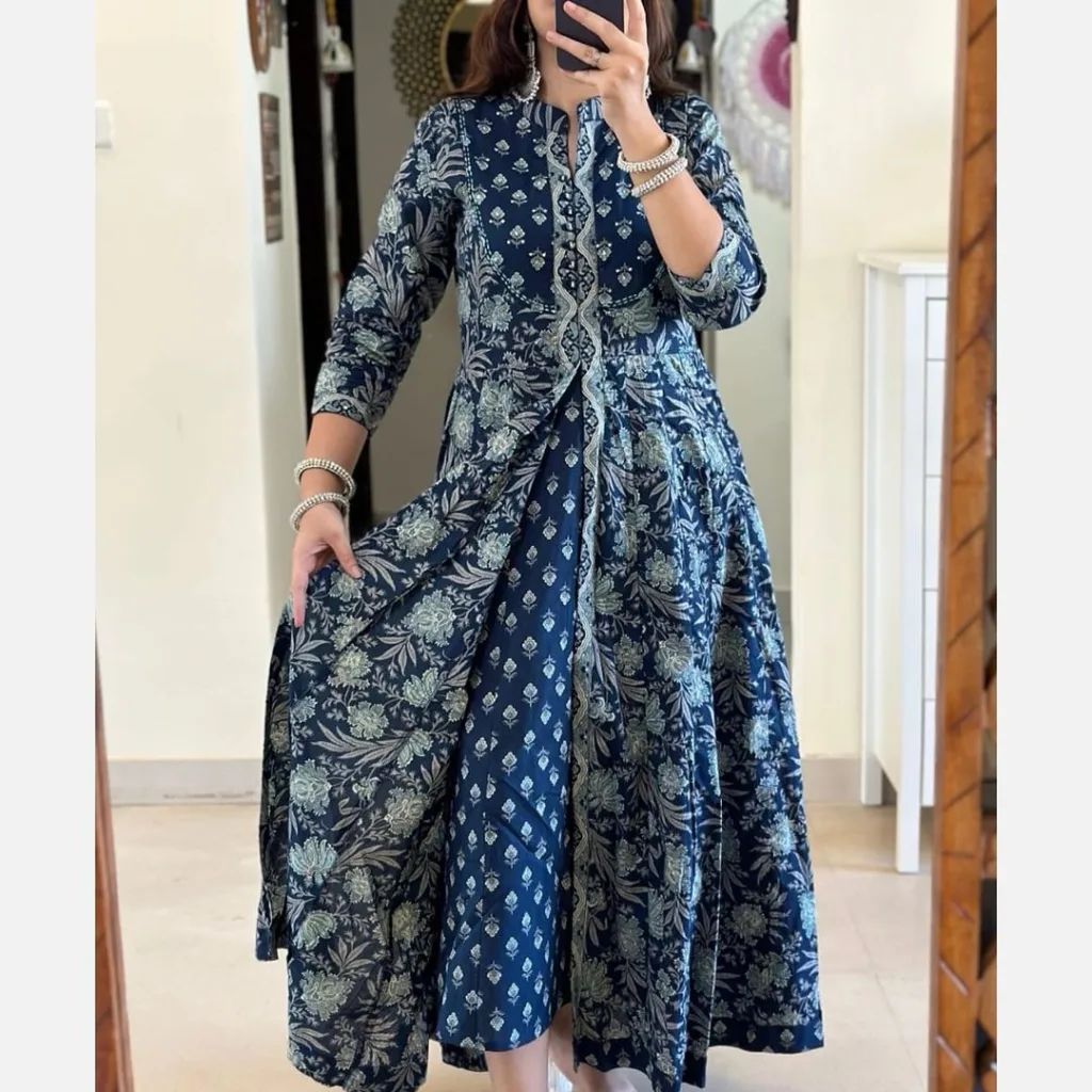 Elegant Navy Blue Handwork Floral Anarkali Suit Set with Cotton Dupatta - Image 2