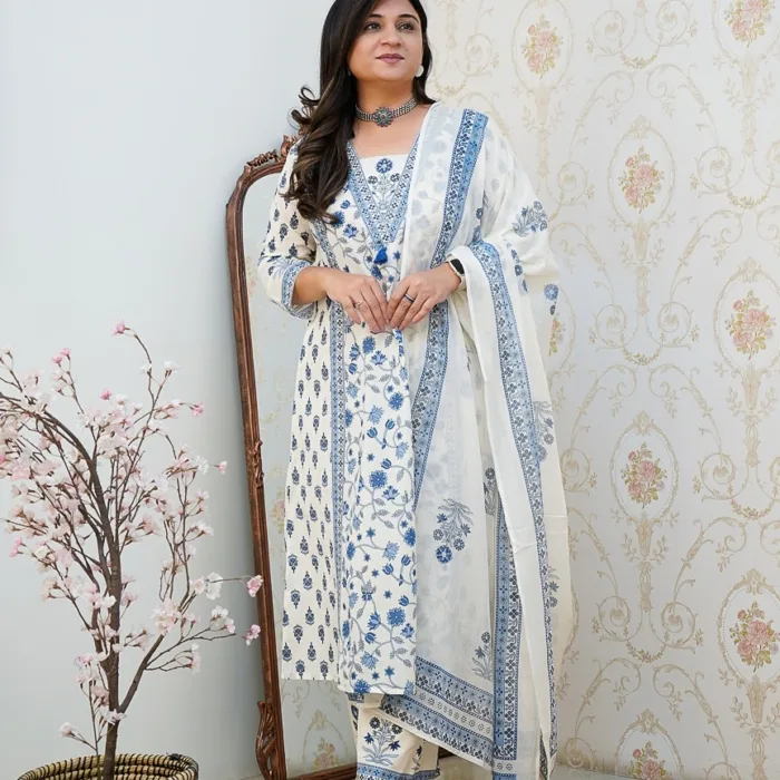 Grace meets comfort in this Off-White and Blue Cotton Printed Suit Set with dupatta. A timeless choice for everyday elegance or festive styling.