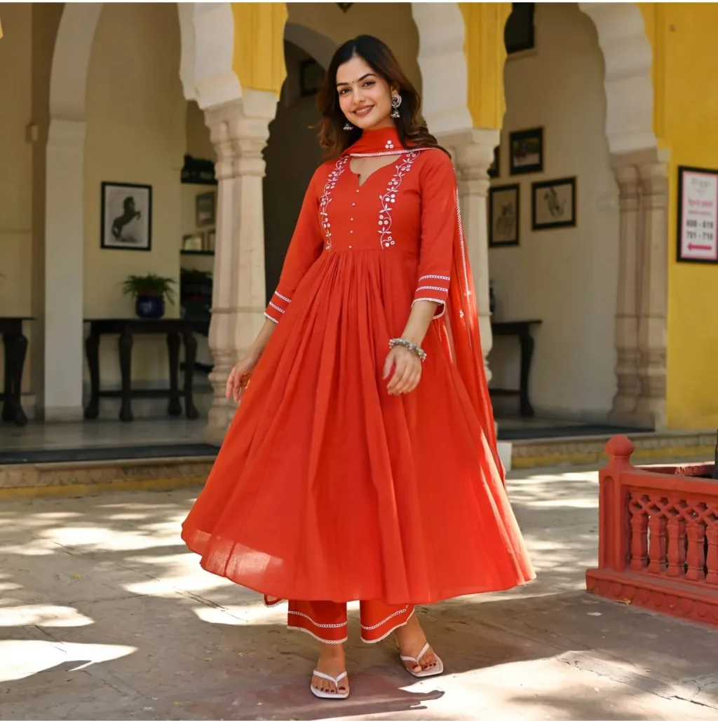 Graceful Rust Orange Anarkali Kurta Set with Embroidered Yoke and Pants - Image 3