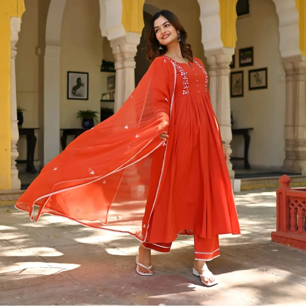 Graceful Rust Orange Anarkali Kurta Set with Embroidered Yoke and Pants - Image 2