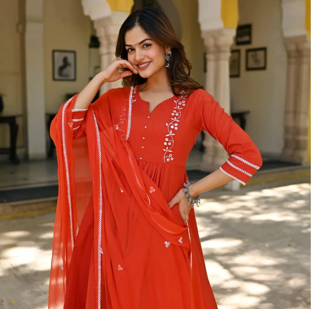 Graceful Rust Orange Anarkali Kurta Set with Embroidered Yoke and Pants - Image 4
