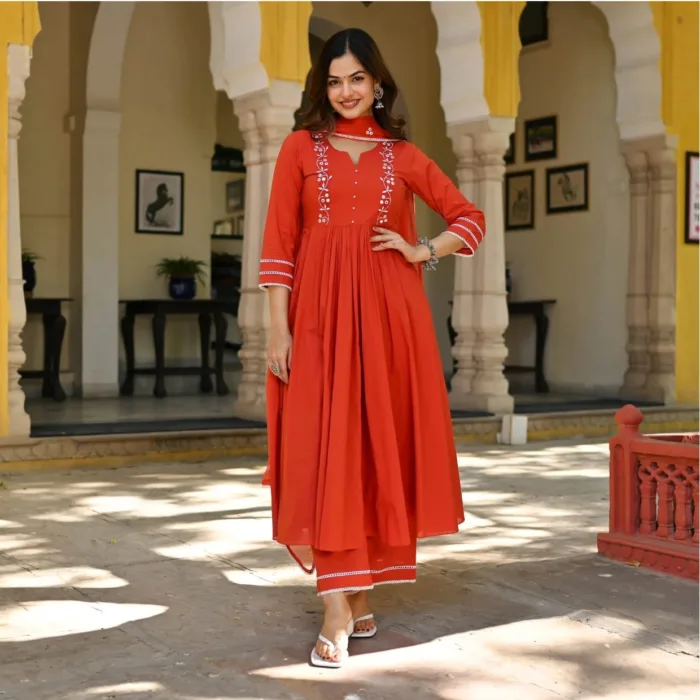 Shop this elegant rust orange Anarkali kurta set with embroidered yoke, stylish pants & dupatta. Perfect for festive and semi-formal occasions.