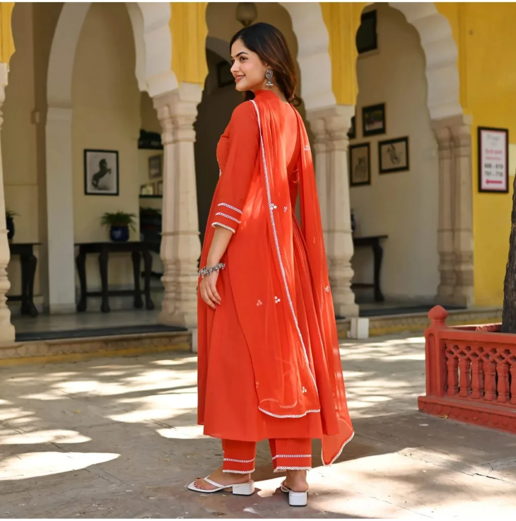 Graceful Rust Orange Anarkali Kurta Set with Embroidered Yoke and Pants - Image 5