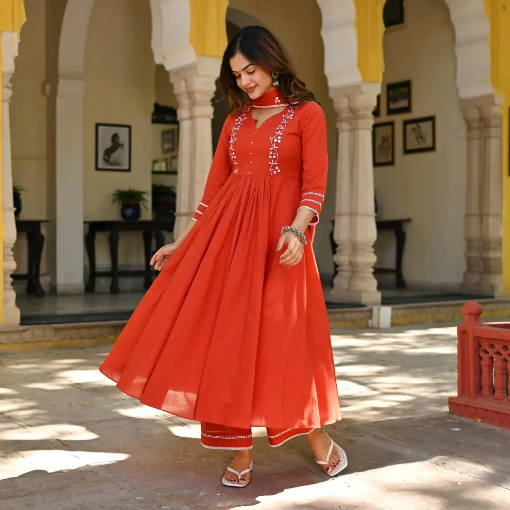 Graceful Rust Orange Anarkali Kurta Set with Embroidered Yoke and Pants - Image 7