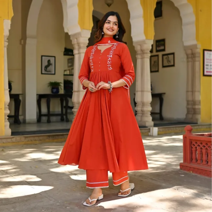 Shop this elegant rust orange Anarkali kurta set with embroidered yoke, stylish pants & dupatta. Perfect for festive and semi-formal occasions.