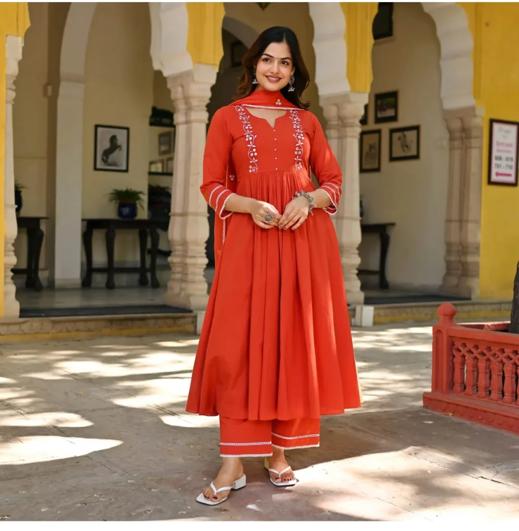 Graceful Rust Orange Anarkali Kurta Set with Embroidered Yoke and Pants - Image 8