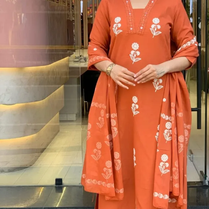 Rust Orange Embroidered Cotton Suit Set with Dupatta