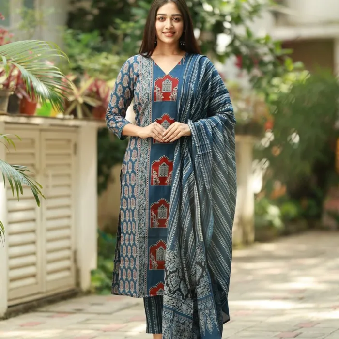 Elevate your ethnic wardrobe with this stunning Royal Blue And Maroon Cotton Printed Suit Set. Adorned with heritage-style prints and paired with a rich printed dupatta, this look blends cultural richness with modern charm. Ideal for festive wear, office wear, or casual occasions.