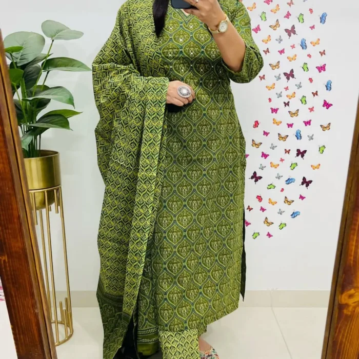 Step into timeless tradition with this graceful Olive Green Cotton Printed Suit Set. Styled in a flattering straight-cut silhouette and paired with a contrasting printed dupatta, it’s the perfect blend of comfort and ethnic charm — ideal for daily wear, festive moments, or casual outings.