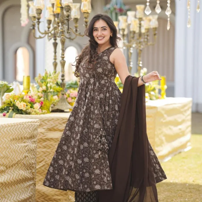 Stylish Chocolate Brown Floral Anarkali Suit Set with floral prints, printed palazzos, and a solid chiffon dupatta. Perfect for festive and casual wear.