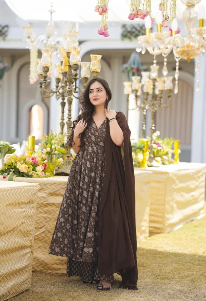 Chocolate Brown Floral Anarkali Suit Set