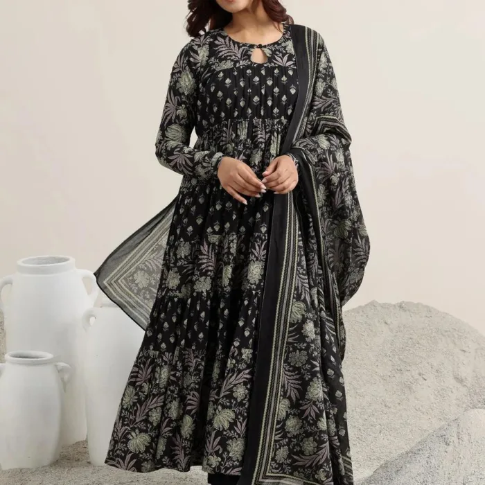 Black Floral Printed Anarkali Suit Set